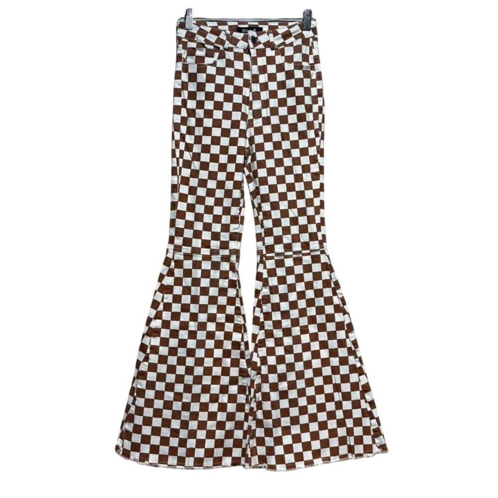 Blue B Collection Checkerboard Bell Bottom Jeans Women's Small Brown White Flare